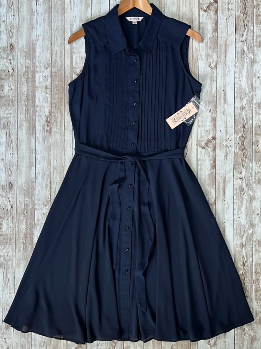 Nanette Lepore Dress sz 10 Navy Blue Sleeveless Full Button Pleated Upper Sheer
